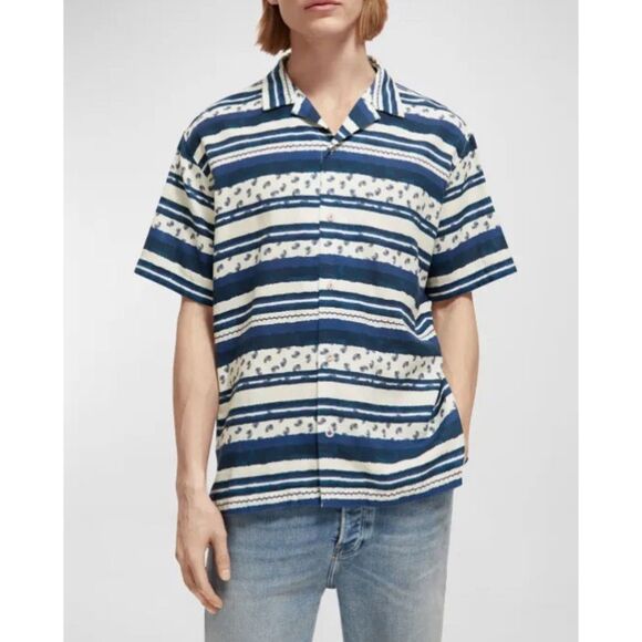 Scotch & Soda Navy Blue Creme Patchwork Printed Camp Button Down Shirt XL Indie - Picture 1 of 12